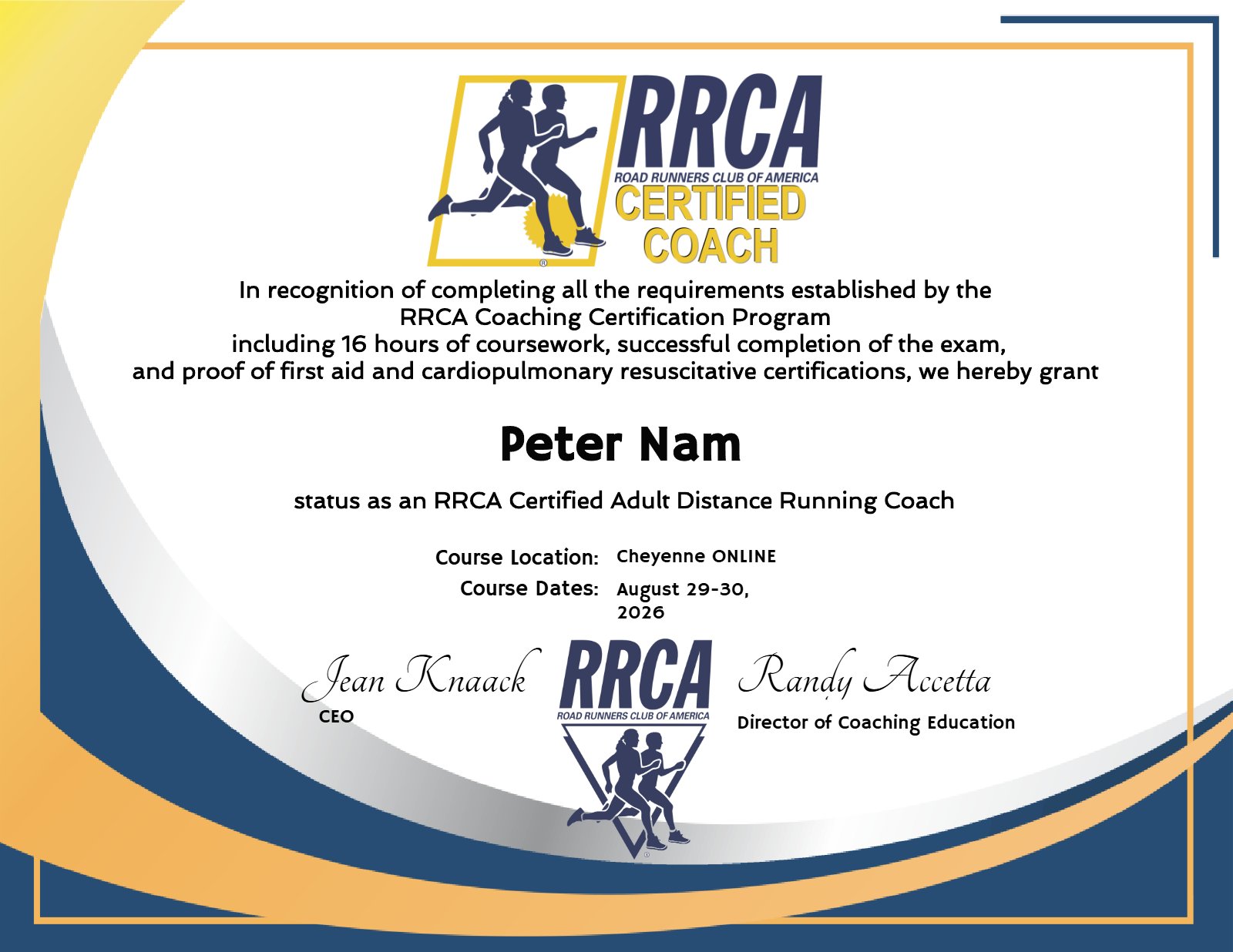 RRCA Certified Adult Distance Running Coach certificate for Peter Nam